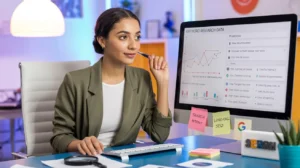 Illustration d’un expert en marketing digital analysant des données de recherche de mots-clés sur ordinateur – stratégie SEO 2025.